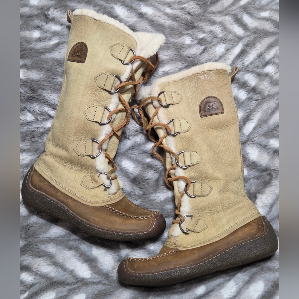 Sorel Tall Winter Leather Lace Up Cream+Tan Boots Sherpa Lining Sz 7 Cottagecore
